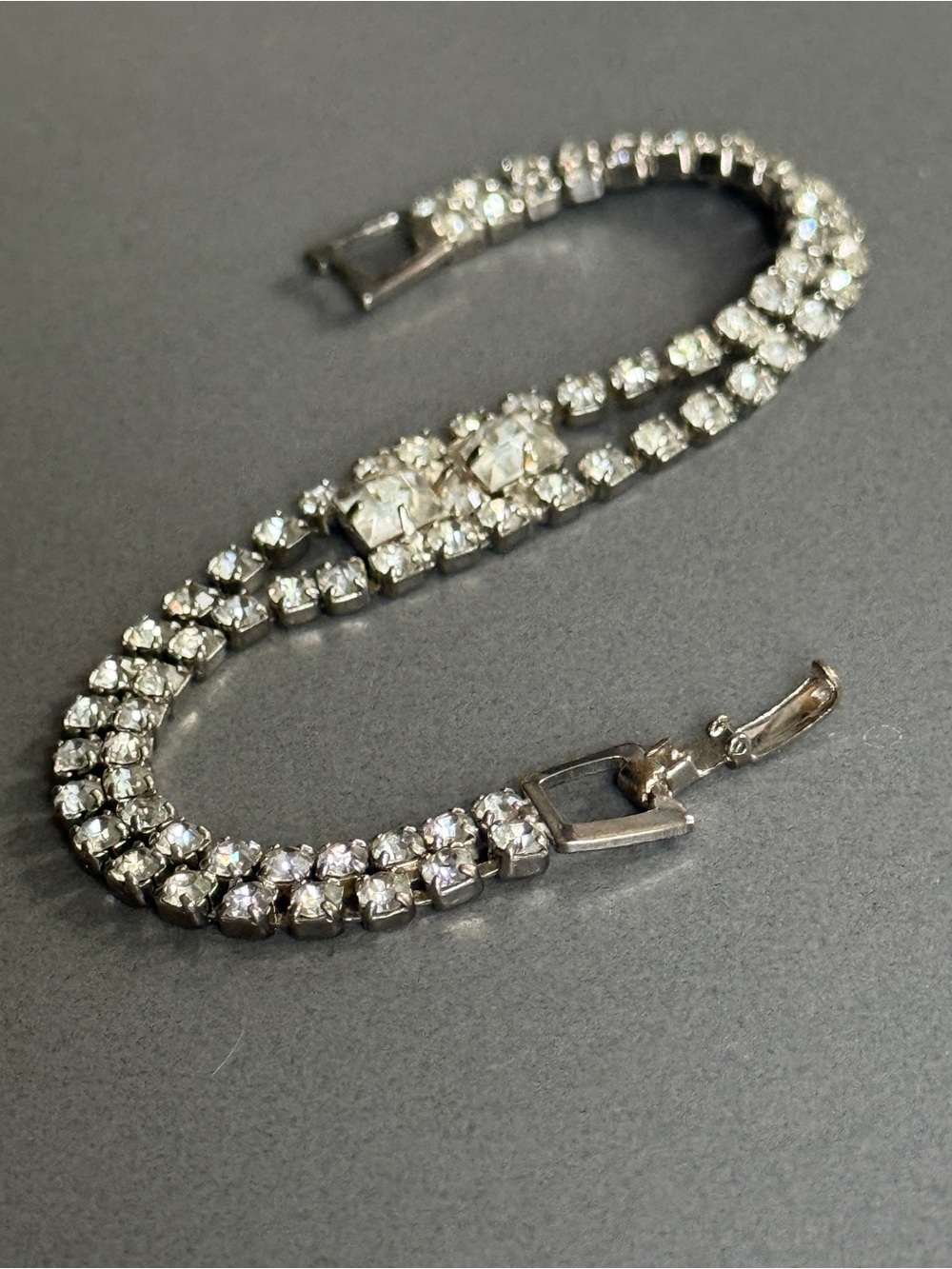 Vintage Mid Century Clear Rhinestone Double Strand Foldover Clasp Bracelet